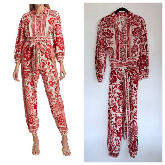 FARM Rio Pineapple Garden Floral-Print Linen-Blend Jumpsuit in Red & White Sz M - Picture 1 of 16